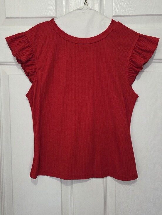 SHEIN Tops - Women Red Ribbed Crewneck Flutter Sleeve Top Size Medium